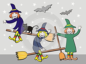 Witches on broomsticks, design, three girls, vector humorous illustration