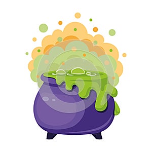 Witches cauldron with green potion and steam for Halloween, cartoon vector illustration