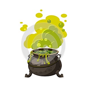 Witches cauldron, kettle with poisonous smoke, steam, boils, holiday attribute of All Saints Halloween, vector, isolated