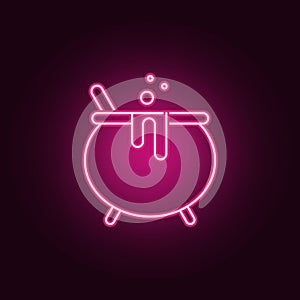 Witches cauldron with potion for illustration of magic, witchcraft neon icon. Elements of Halloween set. Simple icon for websites
