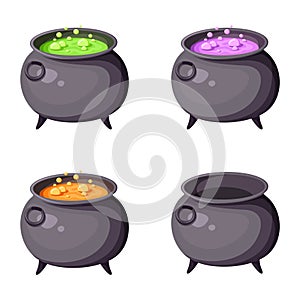 Witches cauldrons with potions. Vector illustrations