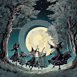 Witches\' coven dancing under a full moon.
