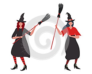 Witches dance with brooms. Halloween party