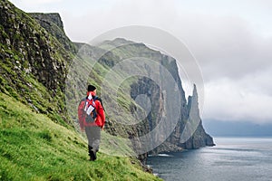 Witches Finger Trail on the island of Vagar, Faroe Islands