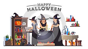 Witches stirring poison brew potion in cauldron