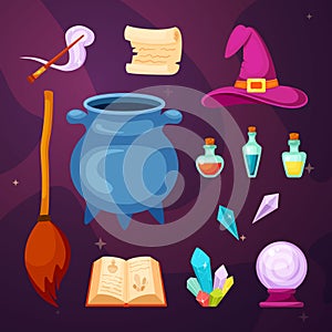 Witching magic items set. Cauldron cooking potion magic wand scroll book with spells flying broom multicolored energy photo