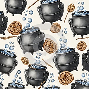 Witchs Cauldron Potion Seamless Pattern