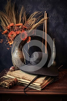 witchs hat, broom, and spell book on a table photo