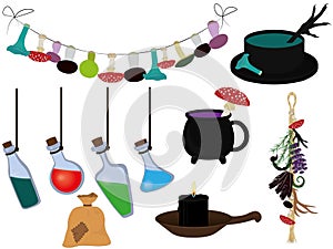 Witchs hut items for magic and alchemy collection vector illustration