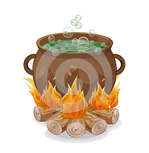 Witchs pot with hel on firewood fire