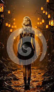 Witchy Delight Halloween Theme with Young Woman Wearing a Witch Costume View from the Back