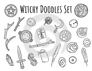 Witchy doodles set. Collection of wiccan witchcraft magical items for occult rituals. Hand drawn pagan elements collection. Occult
