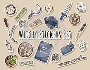 Witchy stickers set. Collection of wiccan witchcraft magical items for occult rituals. Hand drawn pagan doodles elements. Druid