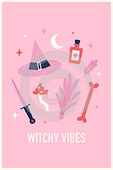 Witchy vibes greeting card. Halloween illustration