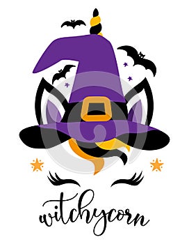 Witchycorn - Beautiful Unicorn head with halloween witch hat, Unicorn Face with bats.
