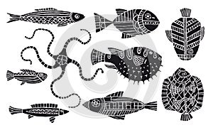 Withe lines doodles of fantasy fishes photo