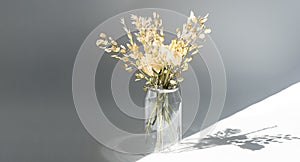 Withered flowers bouquet in plastic bottle to reduce waste. Beautiful dried flowers aesthetic and eco friendly home decor