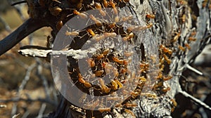 A withered plant being devoured by a determined colony of termites who have adapted to thrive in the dry conditions