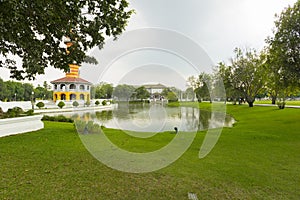 Withun Thasana Tower with hazy sky at Bang Pa In summer palace in Ayutthaya