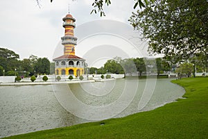 Withun Thasana Tower with hazy sky at Bang Pa In summer palace in Ayutthaya