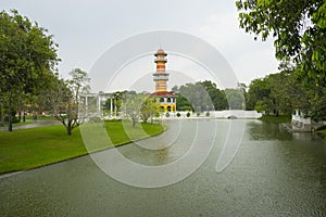 Withun Thasana Tower with hazy sky at Bang Pa In summer palace in Ayutthaya