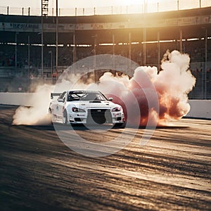 High-Speed Drift: White Race Car Blurring with Tire Smoke. photo