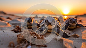 Enchanting Sunset Hatchlings: Five Energetic Baby Sea Turtles Embark on a Turquoise Journey photo