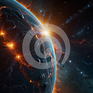 Erupting Planet with Fiery Surface and Vibrant Nebula Backdrop photo