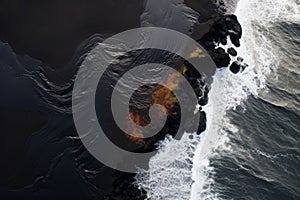 Witness the awe-inspiring sight of molten lava flowing into the ocean from above, The black sand beach in Iceland, Aerial view of
