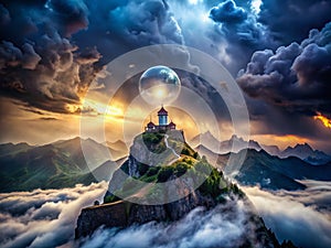 Majestic Luminous Orb Illuminates StormCapped Mountain Summit A Breathtaking Urban Exploration Photo photo