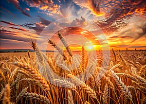 A Majestic Sunset Paints a Golden Canvas Across a Ripe Wheat Field A Serene and Picturesque Summer Evening photo
