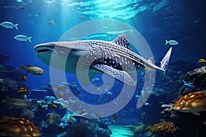 Witness the breathtaking sight of a colossal whale shark gracefully navigating through the vast expanse of a massive aquarium,
