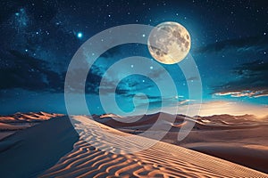 Witness the breathtaking sight of a full moon rising above a mesmerizing desert landscape, A moonlit desert with sparkling sands,
