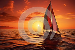 Witness a breathtaking view of a sailboat gracefully cruising through the ocean as the sun sets, casting a warm golden glow, Yacht