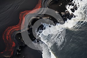 Witness the captivating sight of lava flowing into the ocean from above, The black sand beach in Iceland, Aerial view of the sea