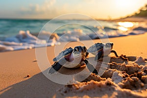 Enchanting Morning: Three Adorable Baby Sea Turtles Embark on a Coastal Journey photo