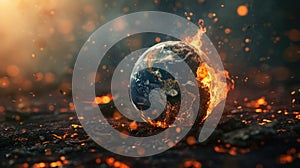 Witness the Earth globe destroyed by fire, burning on glowing embers. Ai Generated