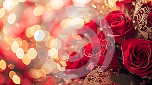 Witness the exquisite beauty of a Valentine\'s Day background adorned with an opulent bouquet of roses