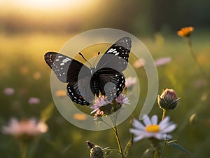 A dark butterfly poised on a fragile meadow wildflower at dawn