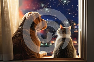 Inquisitive Companions: Dog and Cat Watching the Fire from the Window (AI Generated)