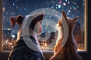 Inquisitive Companions: Dog and Cat Watching the Fire from the Window (AI Generated)