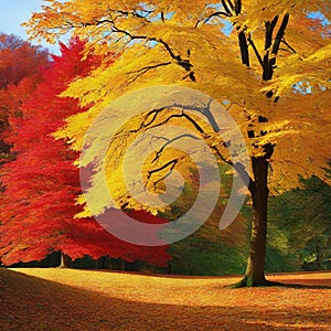 Witness masterpiece unfold as vibrant autumn leaves paint the landscape in a breathtaking symphony of colors photo
