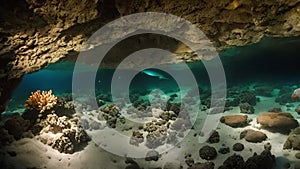 Witness a person as they swim through a cave filled with rocks and corals, A mesmerizing underwater journey through a cave filled