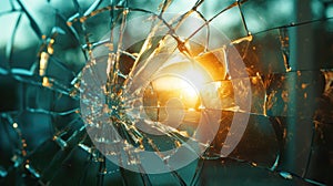 Witness the play of light through a close-up of a broken glass window, Ai Generated