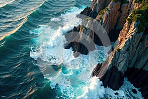 Epic Aerial View of Violent Ocean Waves Crashing Against Dramatic Coastal Outcroppings A Powerful Seascape of Natures photo