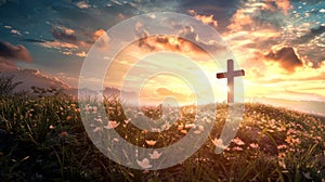 Resplendent Easter Dawn: Cross Amidst Wildflowers in Morning Light