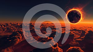 Witness a solar eclipse emerging in the sky above a blanket of clouds, Ai Generated
