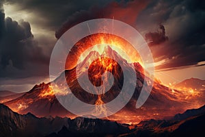 Witness a surreal sight as a colossal mountain spews forth a scorching blaze, creating an intense spectacle of natures fury,