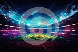 Witness a thrilling soccer match at a stadium packed with passionate fans, illuminated by dazzling lights, Full night football