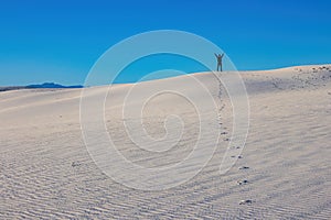 Witness the triumphant spirit of a man raising his hand in triumph with track of footprints at the top of White Sands National